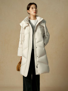 DUSHU | Stylish Hooded Long Down Jacket with Sailor Collar 90 White Duck Down Filled
