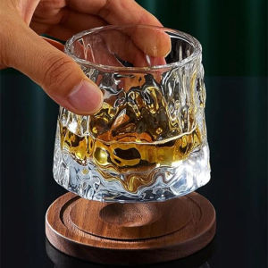 Rotatable Whiskey Glass with Wooden Base Suitable Creative Novel Bar Supplies Vintage Wine Glass for Brandy Scotch Bourbon