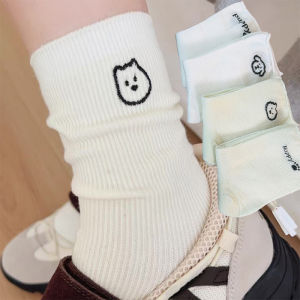 พื้นรองเท้าด้านในถุงเท้ายาวปานกลางผู้หญิงปักลายสไตล์ญี่ปุ่น6คู่สวมใส่ทุกวัน