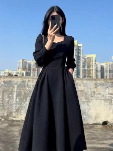 French Hepburn Style Fancy Black Dress Womens Autumn Fancy Elegant Slim Looking Super Nice Long Sleeve Skirt
