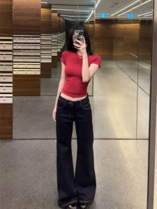 Áo Thun Cổ Tròn Tay Ngắn Gợi Cảm Màu Đỏ Gợi Cảm Mùa Hè 2025 Chất Liệu Cotton Pha Trộn Polyester Dành Cho Nữ