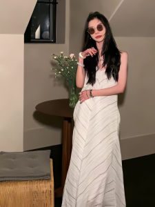 Retro Romantic Watercolor Print Backless Strap Dress Summer New Arrival Sleeveless Shoulder Bared Womens Dress Vacation Style A-Line Skirt