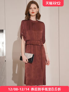 Elegant Red Ladys Dress by Wang Xiaoya Summer New Style Retro Print Polyester Fiber Five-Quarter Sleeve Zipper Closure H-Shape