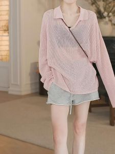 Shalldoer | Áo len dệt kim cổ chữ V hở lưng chống nắng mỏng thoáng khí mùa hè cho nữ Áo khoác ngoài dáng rộng phong cách ngọt ngào