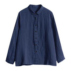 XIAOMENG | French Casual Loose Dark Blue Cotton Shirt Long Sleeve