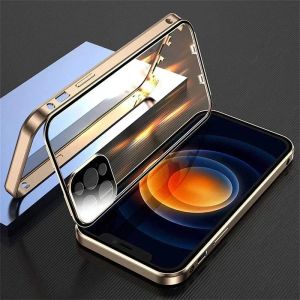 LS | 360 ° Full Protection Metal Frame Magnetic Double-Sided Buckle Glass Case For iPhone 17 16 15 14 13 12 11 Pro Max Plus 17E 16E