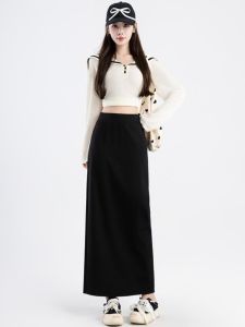 Black High Waist plus Size Half-length Skirt Womens Long Suit Skirt Slimming One-step Straight Leg Long Skirt Post Split