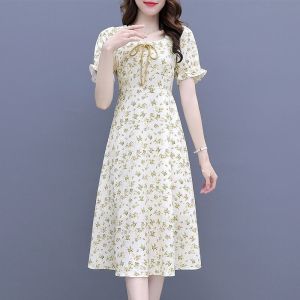 Váy Dài Tay Bồng Hoa Mùa Hè Mới Cho Nữ Váy Công Chúa Cổ Điển Váy Dài Đến Giữa Bắp Chân Không Tay Cổ Chữ V Màu Trơn