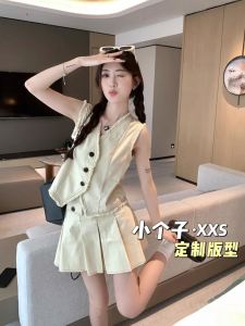 Short High-Waisted Pleated Midi Skirt and Tank Top Two-Piece Set for Women Summer Chic College Style Polyester Fiber