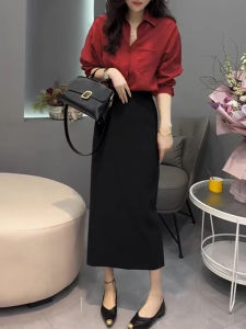 Shalldoer | Elegant Autumnal Womens Two-Piece Set Casual Style Long Sleeve Turn-down Collar Commuting Shirt High Waist Mini Skirt