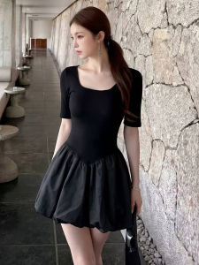 SENWA | Đầm Phong Cách Pháp Màu Đen Dáng Ngắn Định Hình Eo