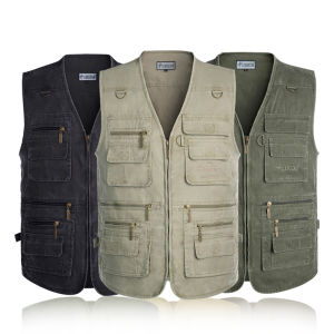 Shemi เสื้อกั๊กผู้ชายสีทึบคอวีแขนกุดหลายกระเป๋าเสื้อโค้ทสำหรับตกปลากลางแจ้ง