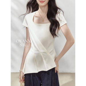 OUYANGXI | Áo Thun Tay Ngắn Cổ Vuông Dập Ly Nơ Đai
