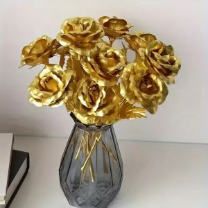 5Pcs Gold Rose Flower Artificial Foil Plated Plastic Fake Flower Romantic Wedding Birthday Party Valentines Day Gifts Decoration