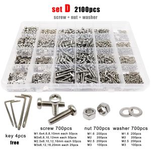 400/2100pcs M1.6 M2 M2.5 M3 M4 M5 GB2672 304 Stainless Steel Six Lobe Torx Pan Round Head Screw Bolt Nut Set Assortment Kit Box