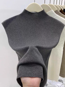 Slim Fit Base Shirt Tank Top with Flying Sleeves Half High Collar Sleeveless Knitted Womens Fashion Commute Style Cotton Summer