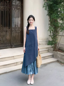 ชุดเดรสแขนกุดคอตั้งทรงเอสไตล์เกาหลีสำหรับผู้หญิงในฤดูร้อนปี 2025 ดีไซน์ใหม่ กระโปรงทรงเอไม่สมมาตร ผ้าผสมโพลีเอสเตอร์