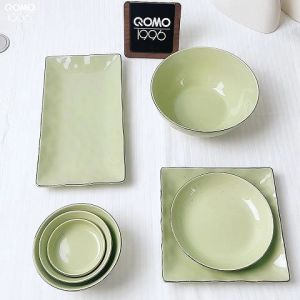 QOMO Creamy Green with Gold Liner Ceramic Bowls and Plates 奶绿描白金边 陶瓷碗盘