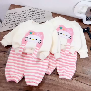 Set bộ Quần áo bé gái dài tay mùa thu đông hàng đẹp như QC chất nỉ Lông dày dặn thêu mèo hồng dễ thương cho trẻ em 8-20kg