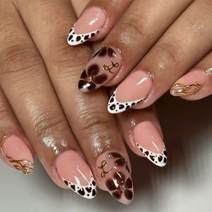 Short Medium Long fake nails for fall winter fashion coffee brown Leopard green blue red edge almond ballet tips press on nails