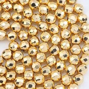 15 2/3/4/6/8/10mm 14K Golden Plated Faceted Round Hematite Natural Stone Loose Beads For DIY Jewelry Making Bracelet Necklaces