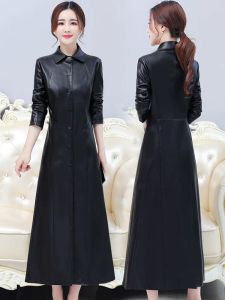 Haier Ning Womens Leather Jacket Mid-Length Slim Fit Over-Knee Autumn Winter New Style Large Size Slimming Trendy Coat