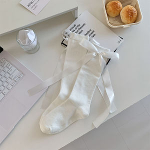 Korean Style Black and White Calf Socks Womens Sweet Ribbon Big Bow Stockings Japanese Style JK Lolita Knee-Length Thigh High Socks