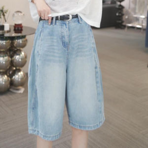 Shalldoer | Quần short denim ống rộng cạp cao phong cách retro cho nữ mùa hè quần dài đến giữa bắp chân rộng rãi đa năng thường ngày