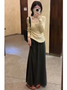 Fancy Minimalist Dark Gray Glutinous Rice Skirt Womens Autumn New Arrival High Waist Slim Looking Sheath A- line Mid-Length Skirt