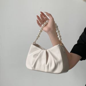2025 New Cloud Fold Pearl Chain Single Shoulder Versatile Crossbody Bag Women Underarm Bag Casual Soft Surface Zipper Closure
