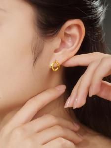 ZHOU LIU FU 周六福 24K Solid Gold Earrings Square Studs Small Dainty Trendy Simple Pure Gold Jewelry for Women Lady Couple A0913793