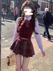 College Style Plaid Skirt Uniform Set Miniature British Style Vest Shirt Three Piece Set Small Size Lady Sensation Japanese Style