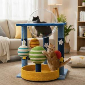 Teekland Cat Scratching Post with Bed Small Starry Sky Cat Tree for Kittens Cat Scratch Post With Sisal Wrapped Moon Shaped Soft Perch & Cute Toys Ball