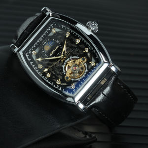 AOKULASIC Tourbillon Đá Ra Skeleton Tự Động Nam Cao Cấp Pha Mặt Trăng Cổ Dây Da Cơ Đồng Hồ Đeo Tay