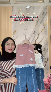 Setelan Anak Perempuan Baju Anak Celana Panjang Denim  Motif Pita Korean Style Usia 1-5 Tahun Set Model Kekinian