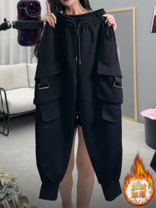 Thickened Fleece Womens Casual Pants Harlan Style Warm Comfortable High Waist Long Trousers Korean Version Pocket Design