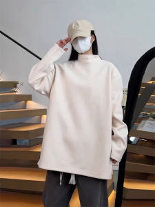 Mens Long Sleeve Half High Collar Beige Velvet Base Shirt Inner Wear Vintage Sweatshirt Cleanfit Solid Color T-shirt for Autumn Winter