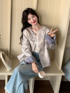 Áo Khoác Nữ Phong Cách Trung Hoa Mới Thu Đông 2025 Áo Sơ Mi Họa Tiết Hoa Thanh Lịch Cổ Tròn Dài Tay Thường Ngày