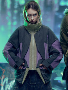 Cyberpunk Streetwear Functional Loose Short Cotton Jacket Youth Fashion Autumn Winter Outerwear Zipper Closure Solid Color