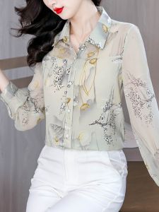 Fashionable High-End Printed Long Sleeve Chiffon Shirt Womens Autumn Wear New Style Slimming Shirt Versatile Trendy Top