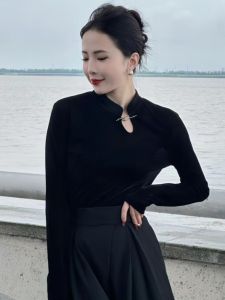 Black Slim Fit Long Sleeve T-Shirt Womens Fashion Design Early Autumn New Style Commute Style Pure Color Hollow out Top