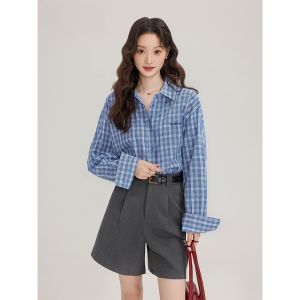 Blue Plaid Long Sleeve Loose Womens Shirt Spring 2025 New Style Commute Korean Version Lazy Style Outerwear Coat