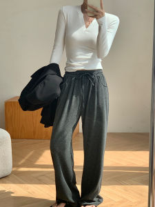 Gexuan Knitted Wide Leg Pants Womens High Waist Casual Loose Fit Autumn Spring Rice Noodle Pants Floor Length Trousers