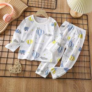 Childrens Pure Cotton Summer Home Clothes Long Sleeve Thin Air Conditioning Suit Two-Piece Set Baby Sleepwear Cotton Sweatpants