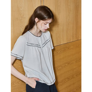 KUHNMARVIN | Áo Sơ Mi Cổ Viền Ren Tencel Tay Ngắn Cho Văn Phòng