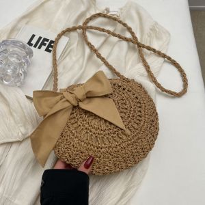 Summer New Womens Straw Woven Bag Butterfly Knot Small round Beach Vacation Crossbody Bag Fresh Style Pure Color Polyester Lining