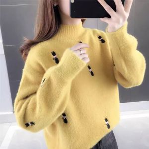 Thickened Half-High Collar Mink Sweater Womens Loose Knitted Base Shirt Stylish Top Trendy Autumn Winter Warm Fashionable