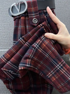 Red Plaid High Waist Martin Pants Womens Fashionable Autumn Slimming Street Style Nine Point Pants Trendy Ladies Clothing