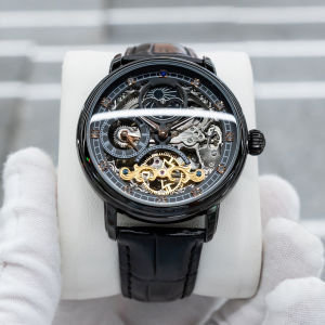 Đồng Hồ Cơ Lộ Cơ OBLVLO Nam Màu Đen PVD Mặt Trời Sao Có Chức Năng Lịch Tuần Trăng Dây Da Tự Động Cổ Điển Thời Trang Giản Dị.