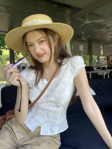 NIHAOKANONG | Áo Blouse Mùa Hè Dây Nút Thêu Dập Vóc